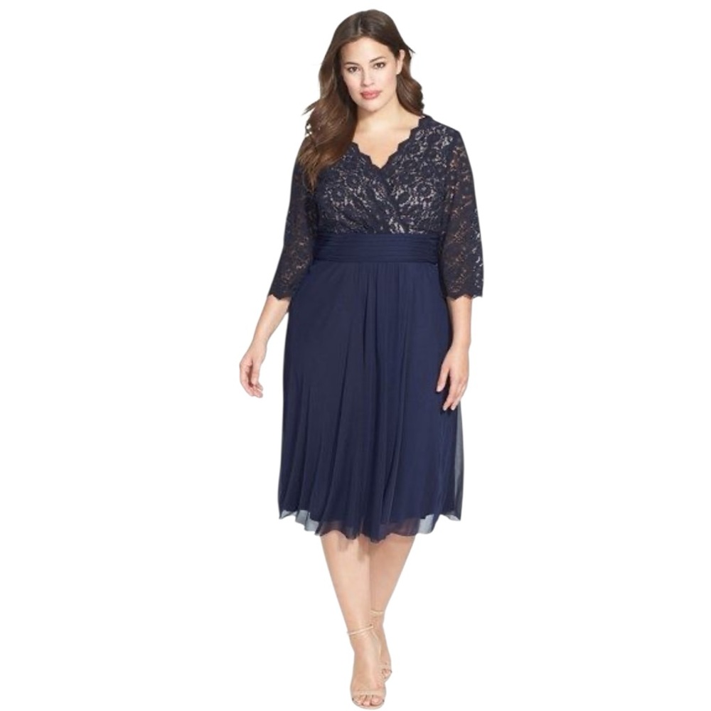 NWT Jessica Howard Midnight Blue Lace and Chiffon Midi Dress (TSE)